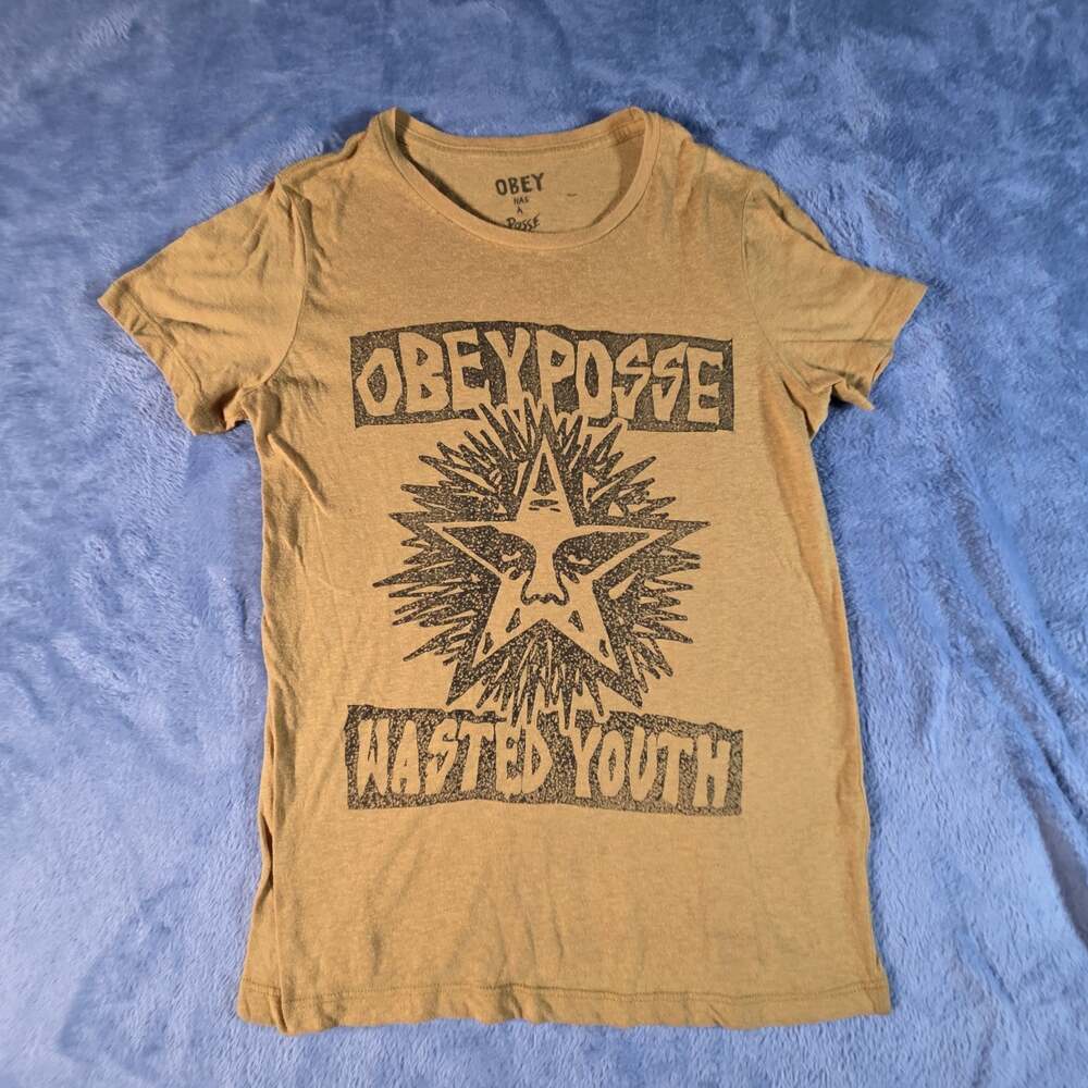 OBEY Posse Wasted Youth Graphic T Shirt Small Mustard Skate Streetwear Tee